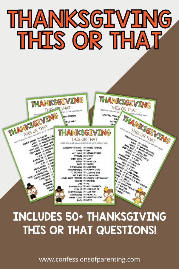 5 Thanksgiving This or That PDFs in mockup with brown and white background 