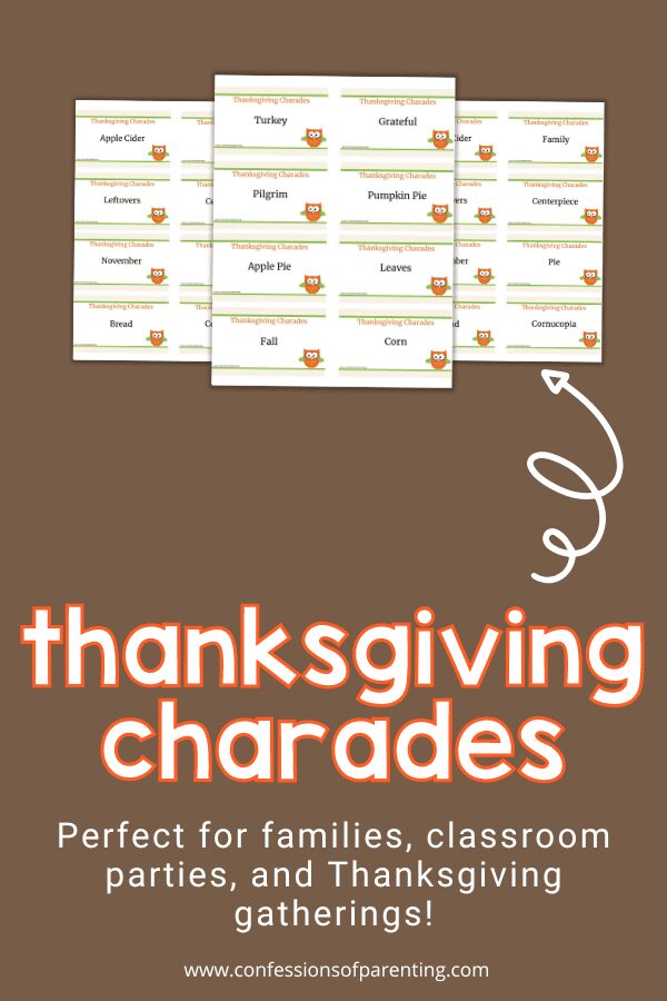 3 Thanksgiving charades cards PDF on brown background