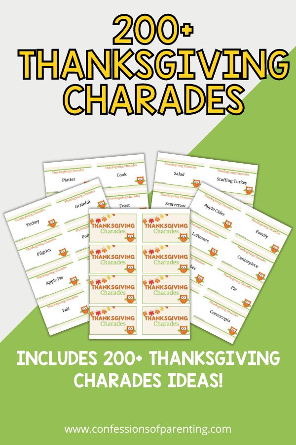 4 backs of Thanksgiving charades cards and 1 front with white and green background with words that say 200+ Thanksgiving charades