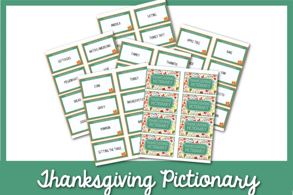 5 backs of Thanksgiving Pictionary cards and 1 front with green border white words that say Thanksgiving Pictionary