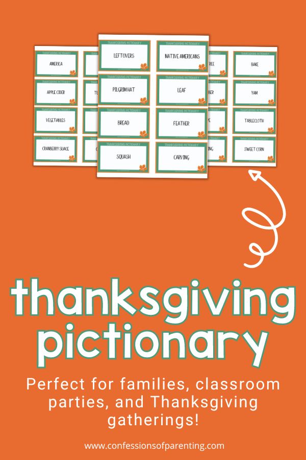 3 Thanksgiving Pictionary PDFs on orange background