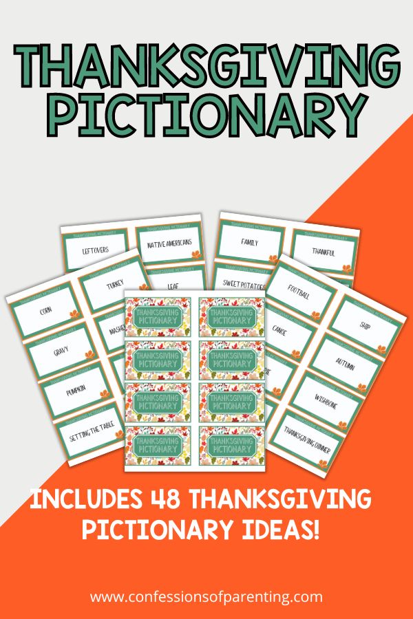 4 backs of Thanksgiving Pictionary cards and 1 front with orange and white background