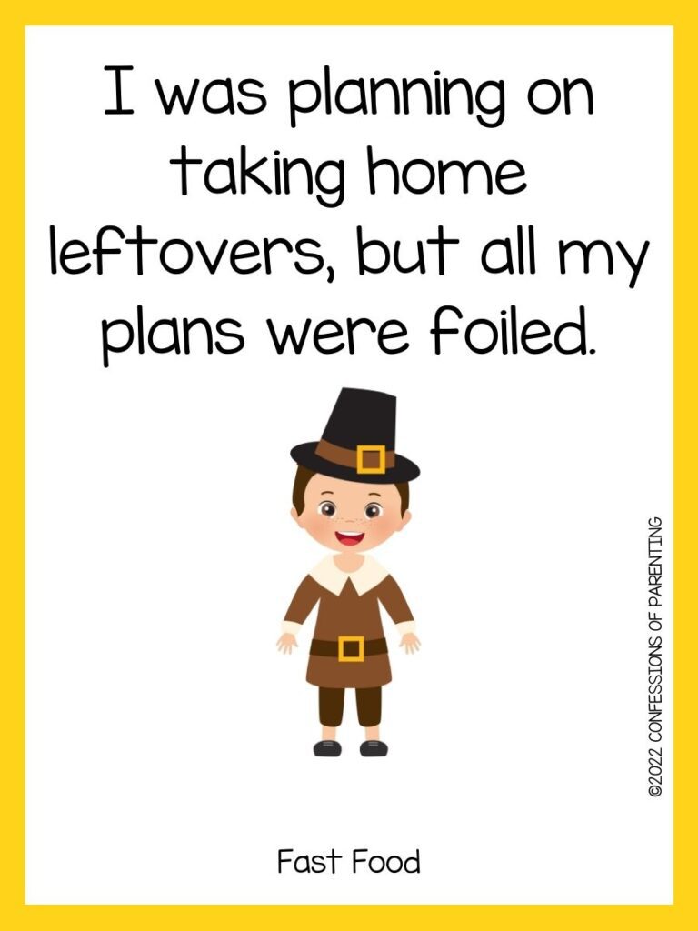 Thanksgiving pun with yellow border with a pilgrim