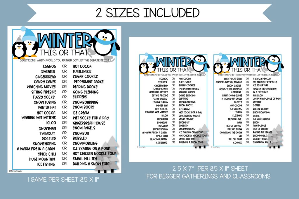 The printables come in two different sizes, 8.5x11 and 2.5x7, sheets on a blue background. 