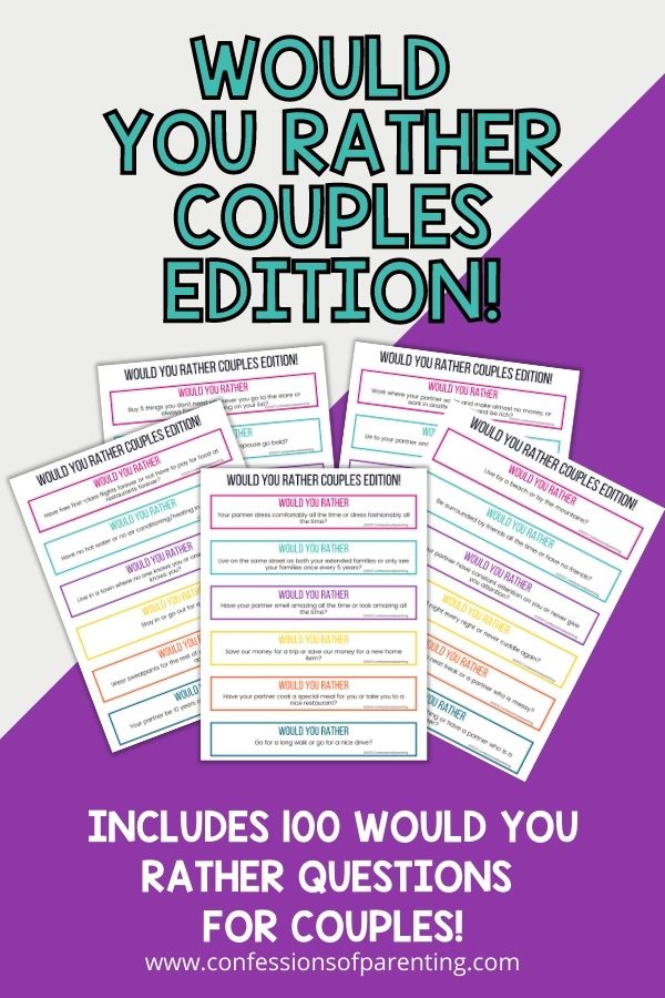 Five examples of the printable would you rather couples edition questions on a purple background. 
