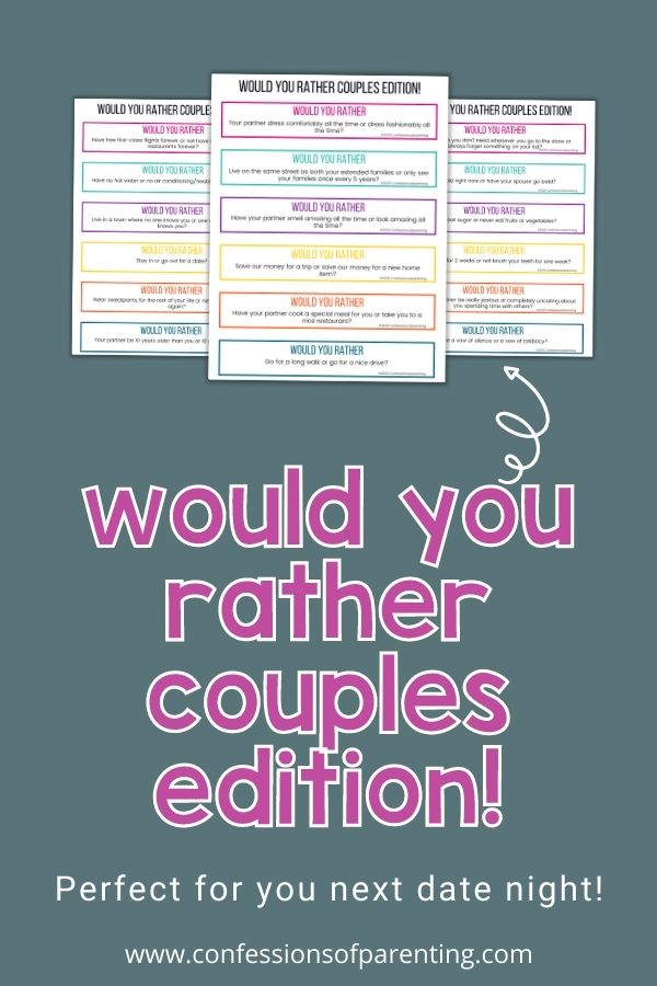 Three examples of the would you rather questions with a text stating that it is perfect for date nights on a gray background. 