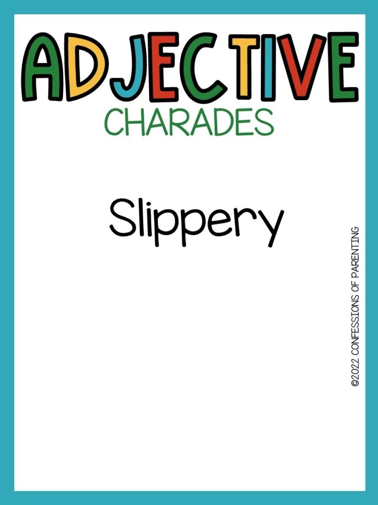 adjective charades title in multiple colors and charades idea on white background with teal border 