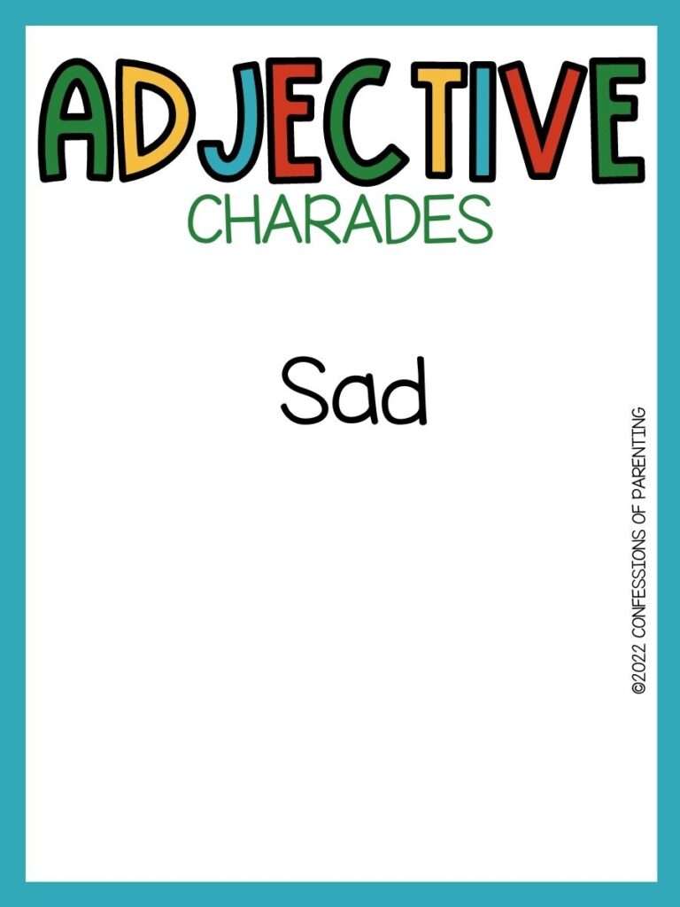 adjective charades title in multiple colors and charades idea on white background with teal border 