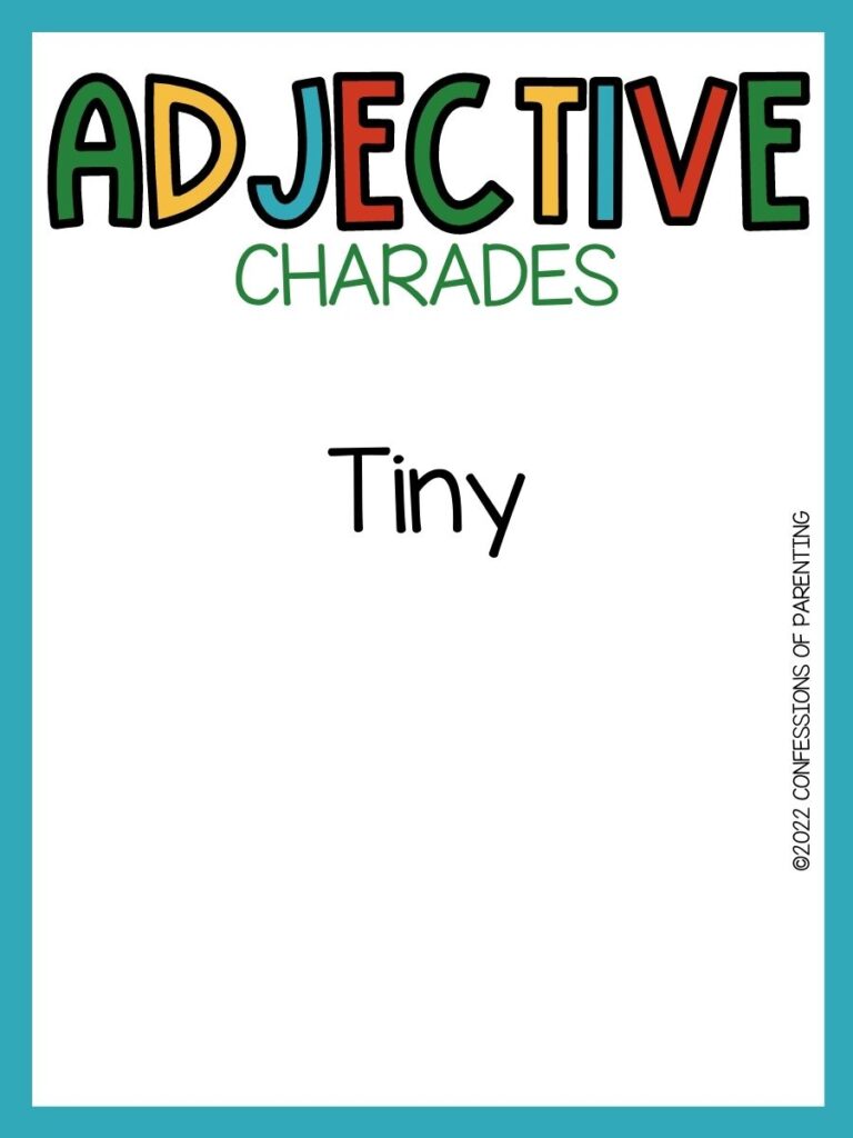 adjective charades title in multiple colors and charades idea on white background with teal border 