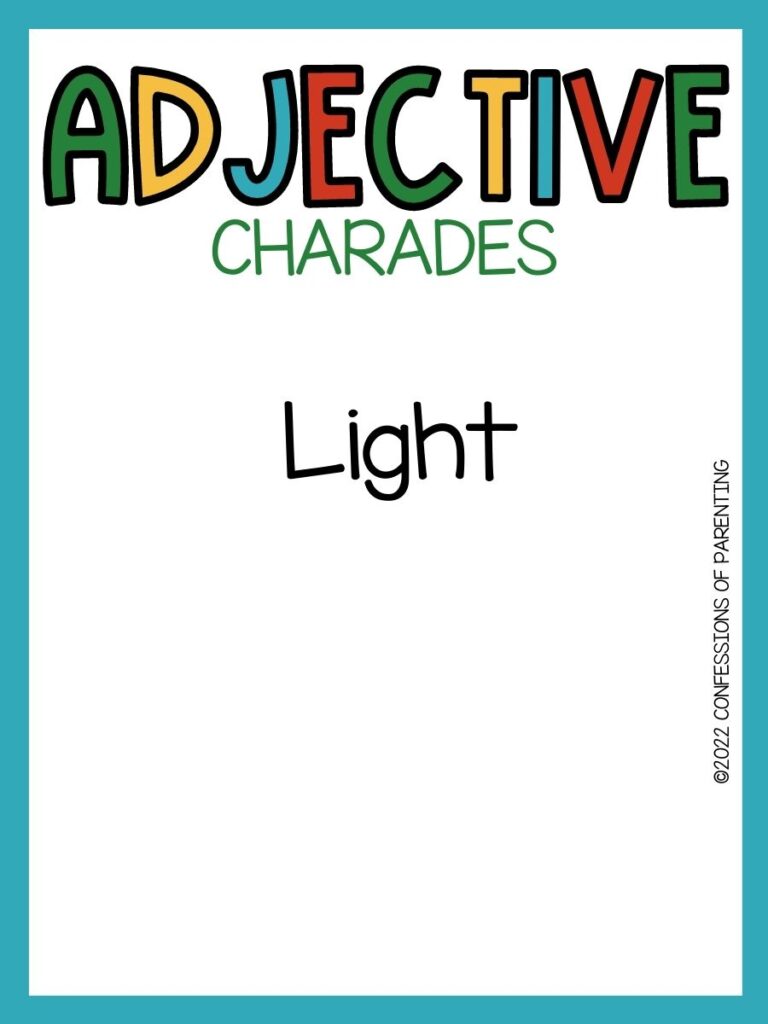adjective charades title in multiple colors and charades idea on white background with teal border 