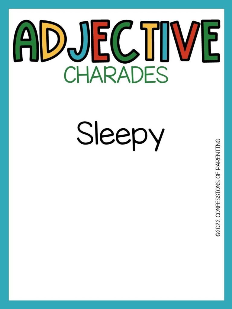 adjective charades title in multiple colors and charades idea on white background with teal border 