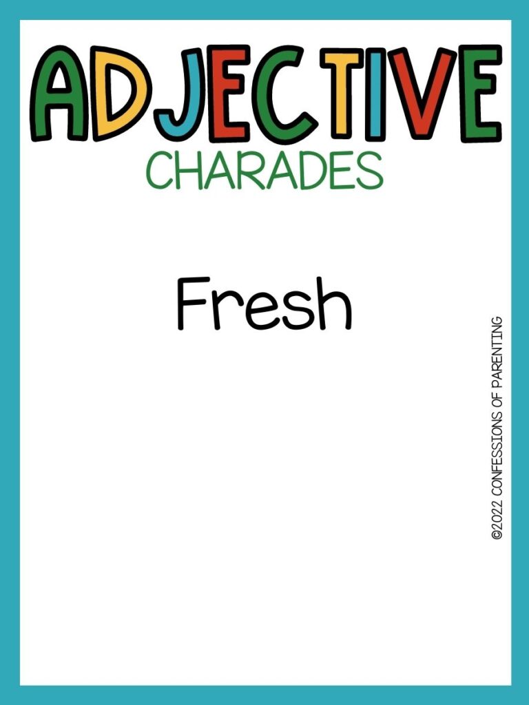 adjective charades title in multiple colors and charades idea on white background with teal border 