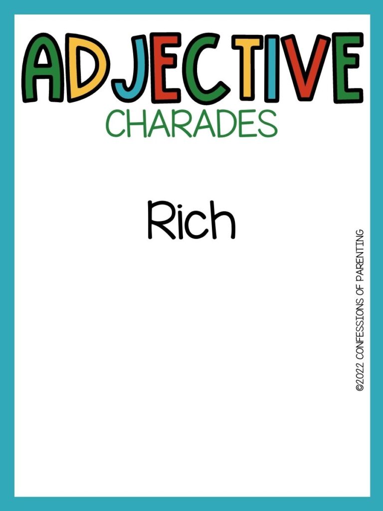 adjective charades title in multiple colors and charades idea on white background with teal border 