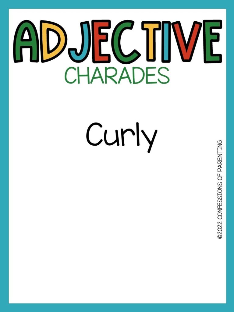 adjective charades title in multiple colors and charades idea on white background with teal border 