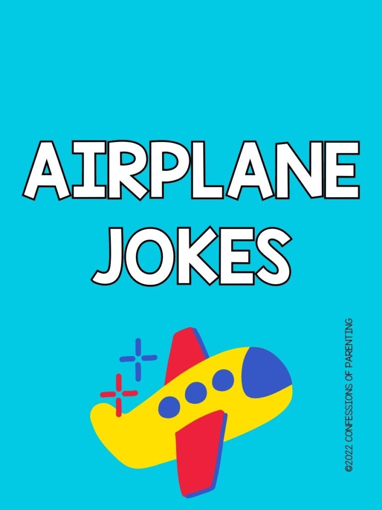 Airplane on a blue background with white text that says airplane jokes.