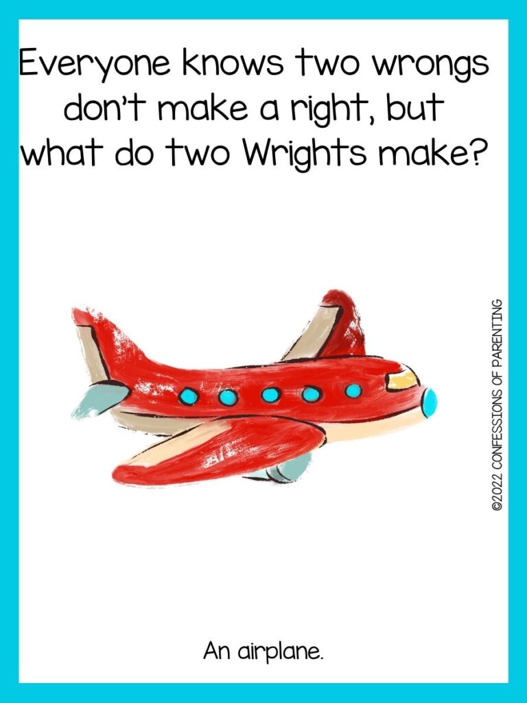 Airplane with a blue border and an airplane joke.