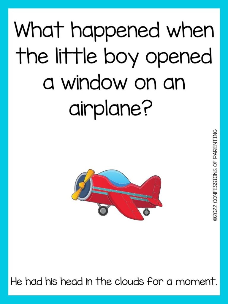 Airplane with a blue border and an airplane joke.
