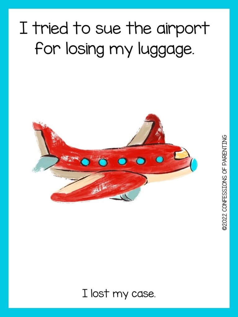 Airplane with a blue border and an airplane joke.