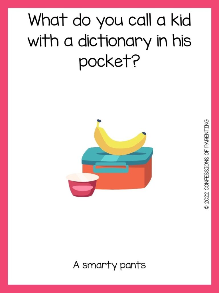 lunch box with a banana on top with a lunch box joke on a white background with a pink border 