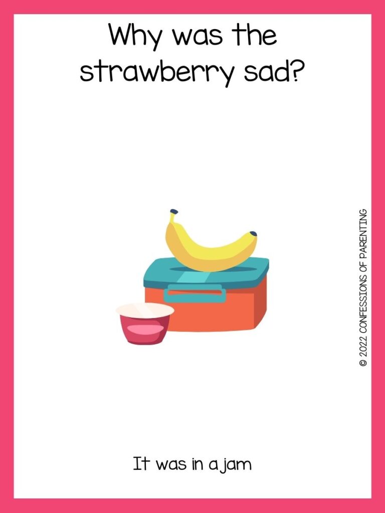 lunch box with a banana on top with a lunch box joke on a white background with a pink border