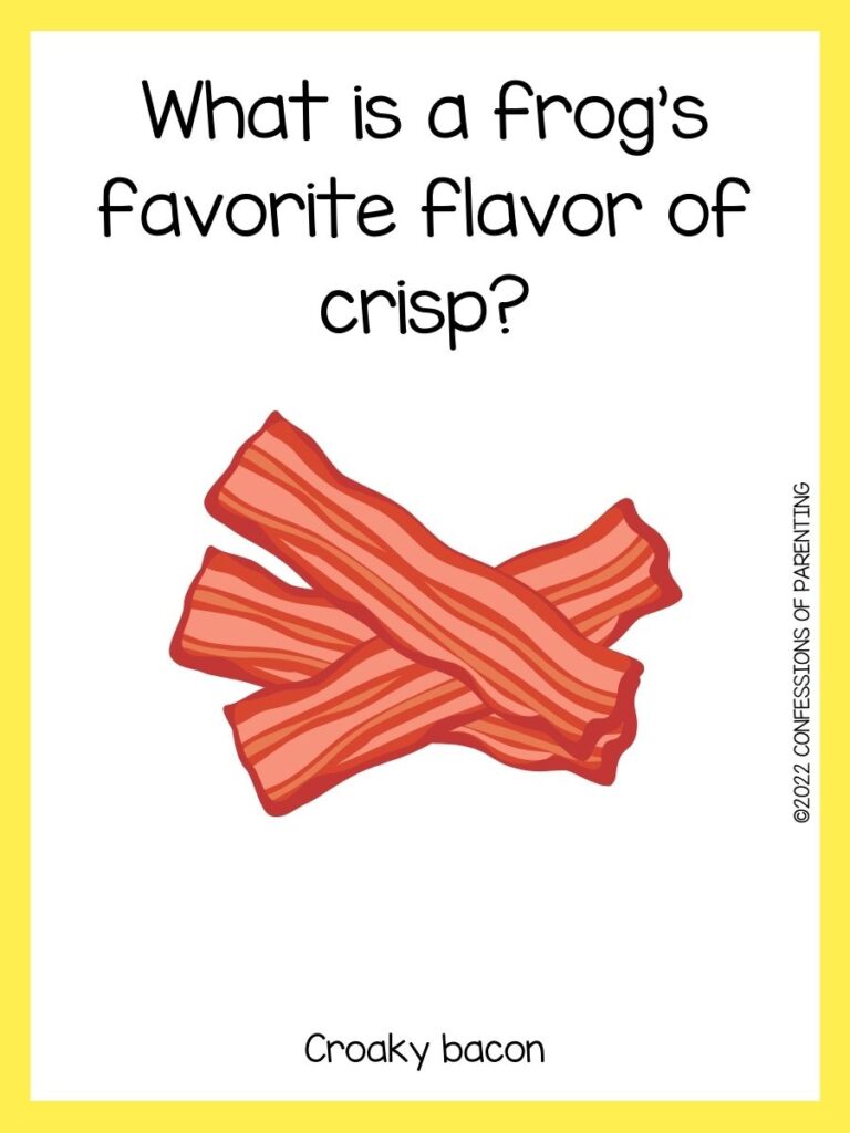 3 slices of bacon stacked with bacon joke on a white background with a yellow border 