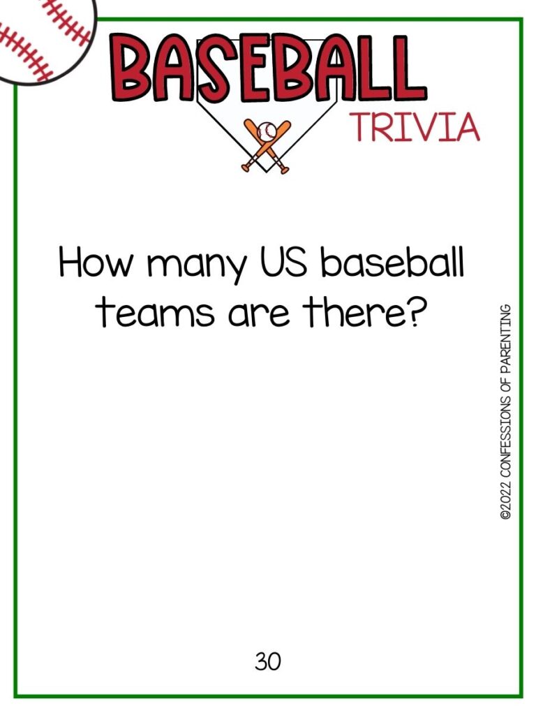 Baseball trivia title in red with baseball and bats on white background with thin green border