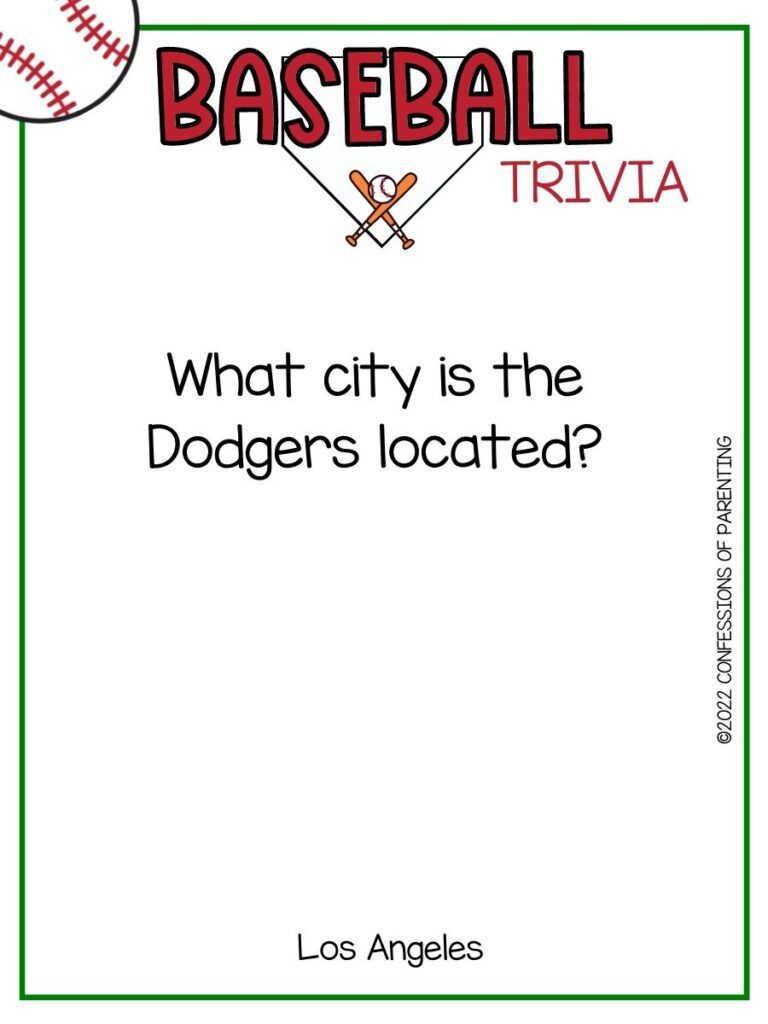 Baseball trivia title in red with baseball and bats on white background with thin green border