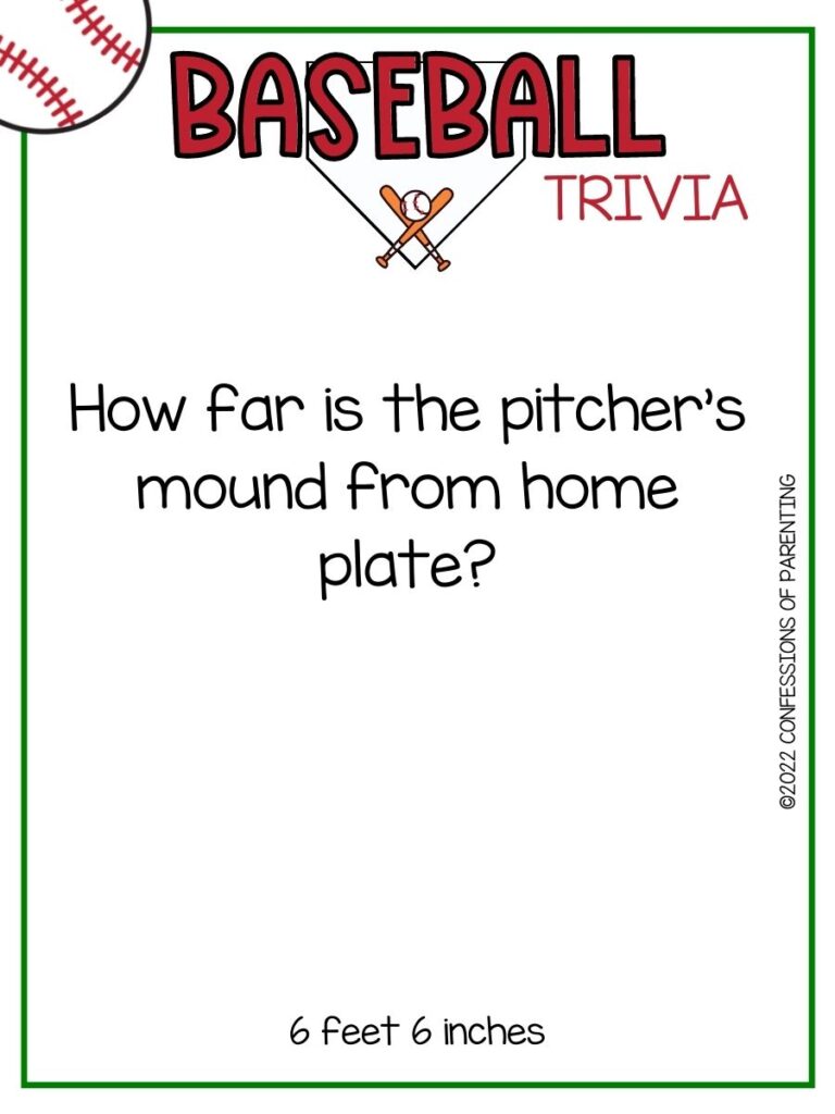 Baseball trivia title in red with baseball and bats on white background with thin green border