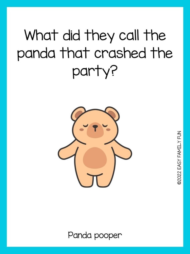 Full size bear with arms stretched out with blue border and bear joke