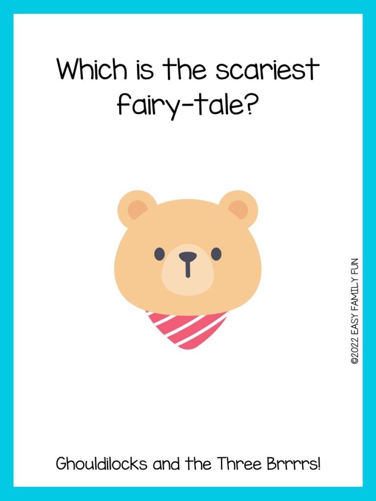 Brown bear head with red striped handkerchief with blue border and bear joke