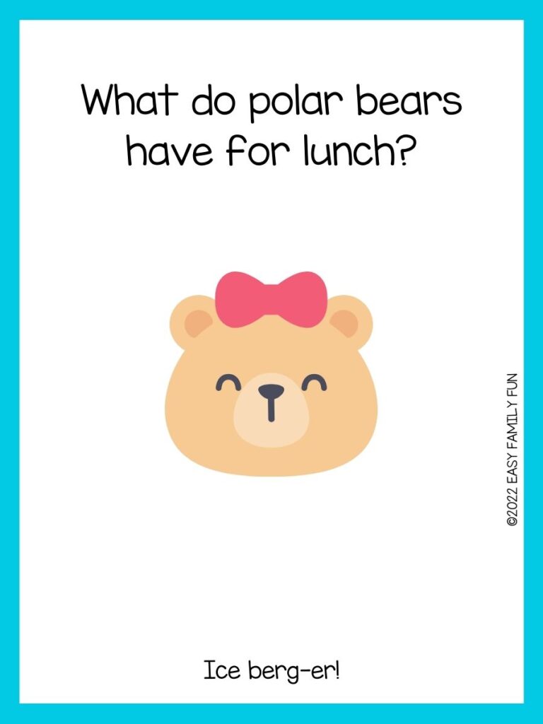 Brown bear head with red bow with blue border and bear joke