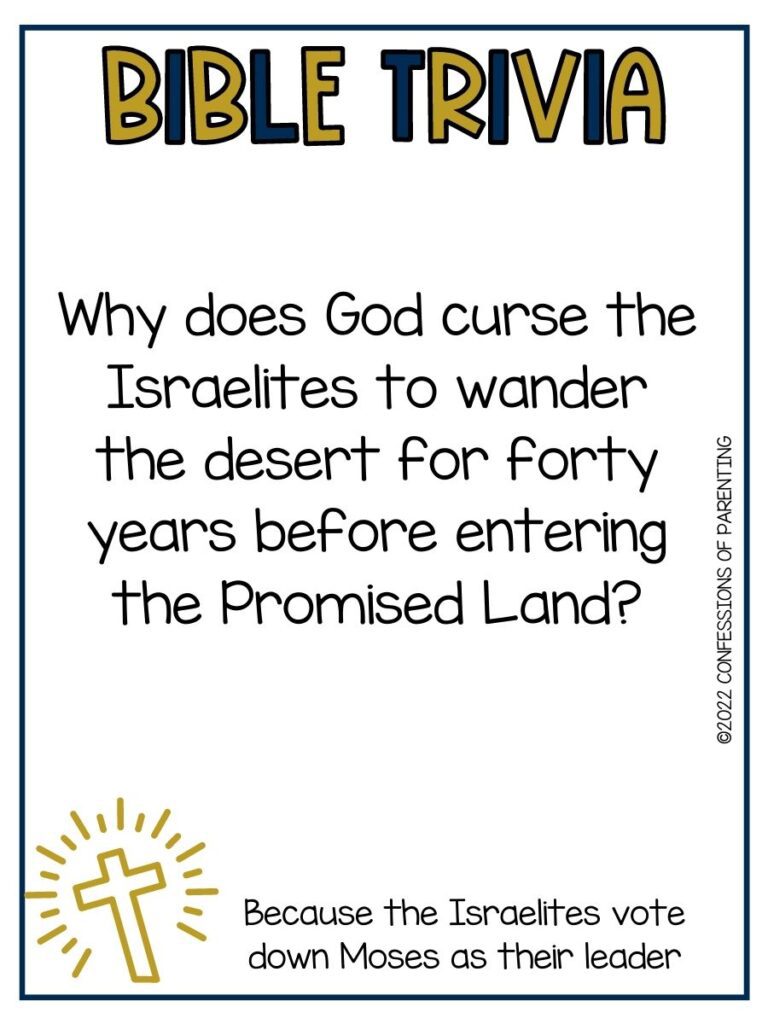 "Bible Trivia" title in black and gold letters with bible trivia question and small cross on white background with thin black border
