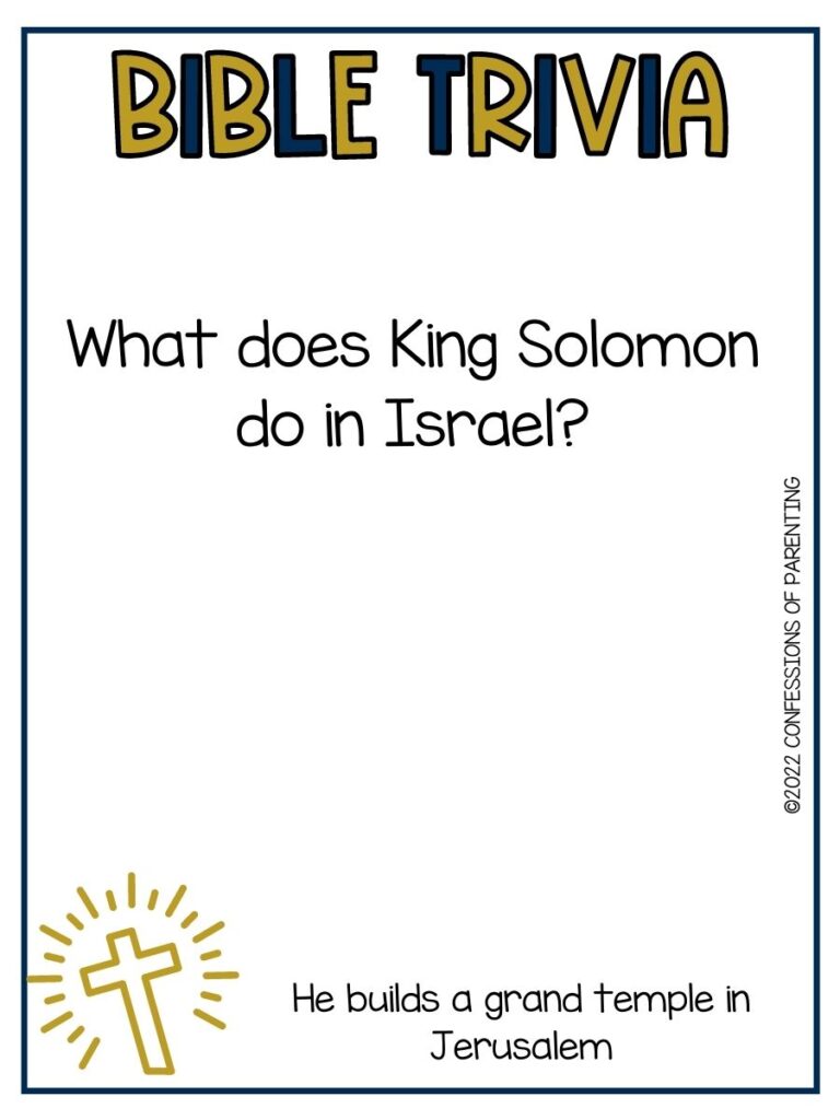 "Bible Trivia" title in black and gold letters with bible trivia question and small cross on white background with thin black border