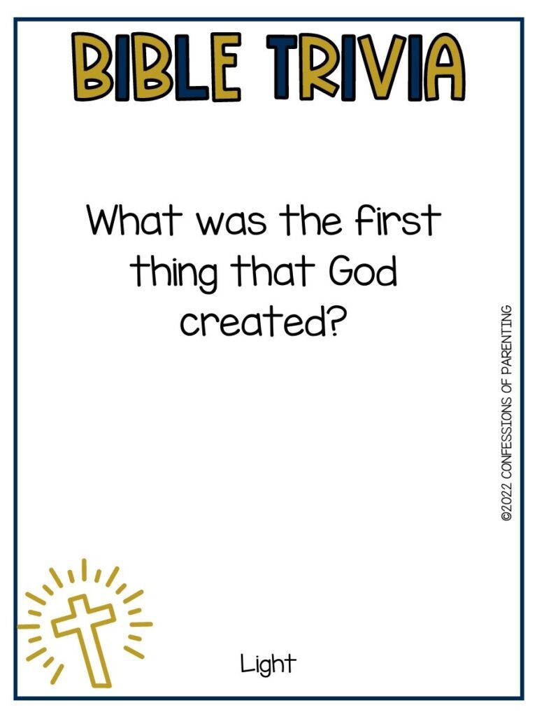"Bible Trivia" title in black and gold letters with bible trivia question and small cross on white background with thin black border
