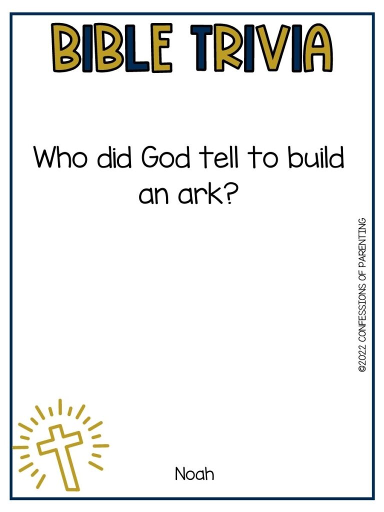 "Bible Trivia" title in black and gold letters with bible trivia question and small cross on white background with thin black border