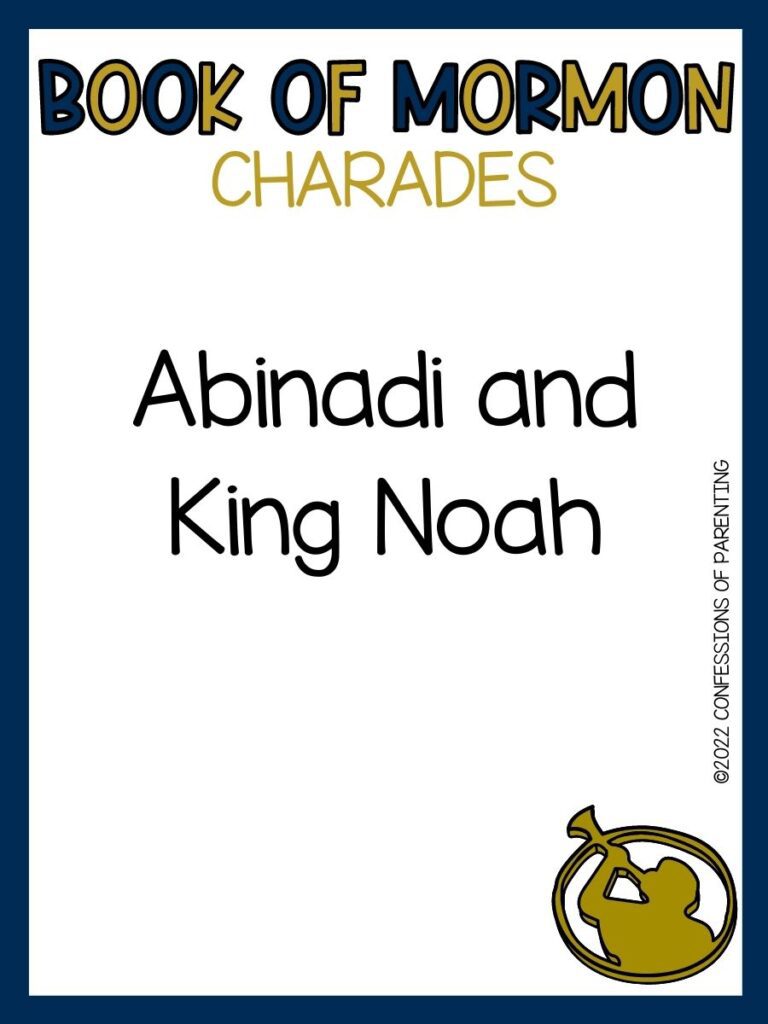 book of mormon charades title in dark blue and gold and charades idea with angel moroni and trumpet on white background with dark blue border