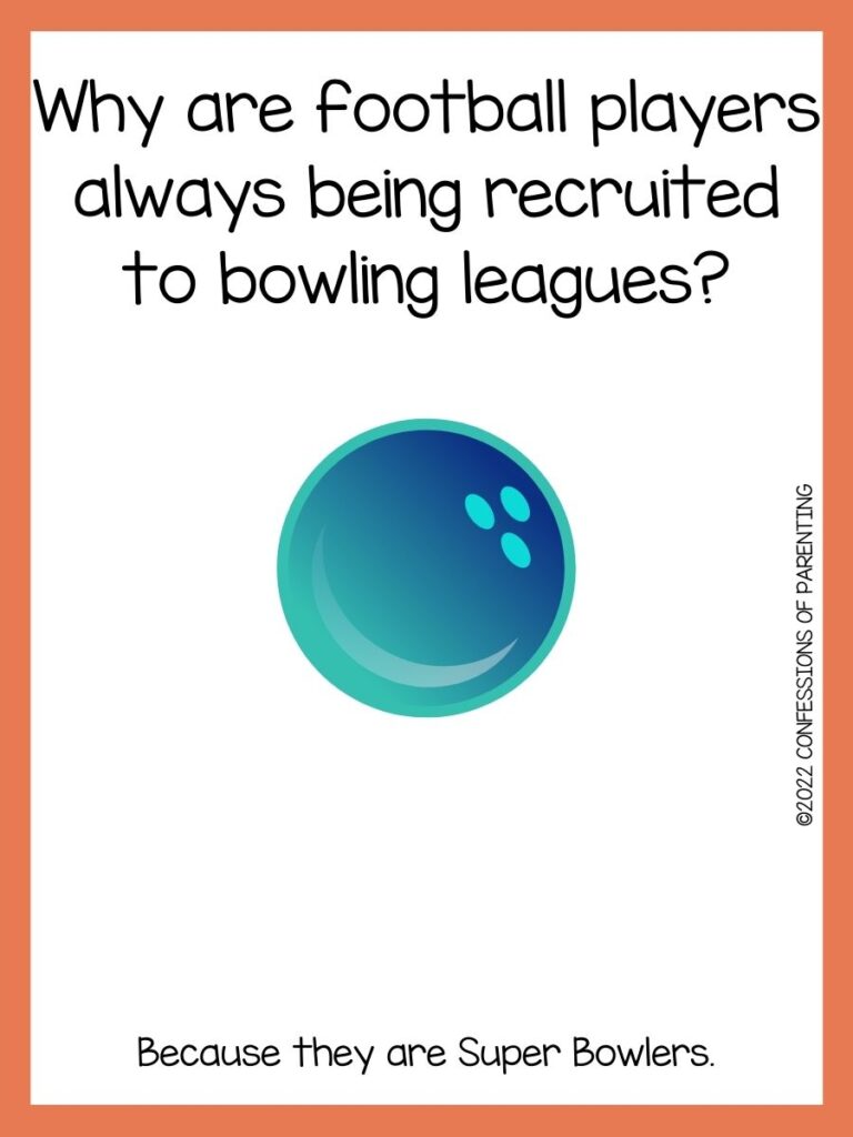 Green and blue bowling ball and bowling joke with an orange border