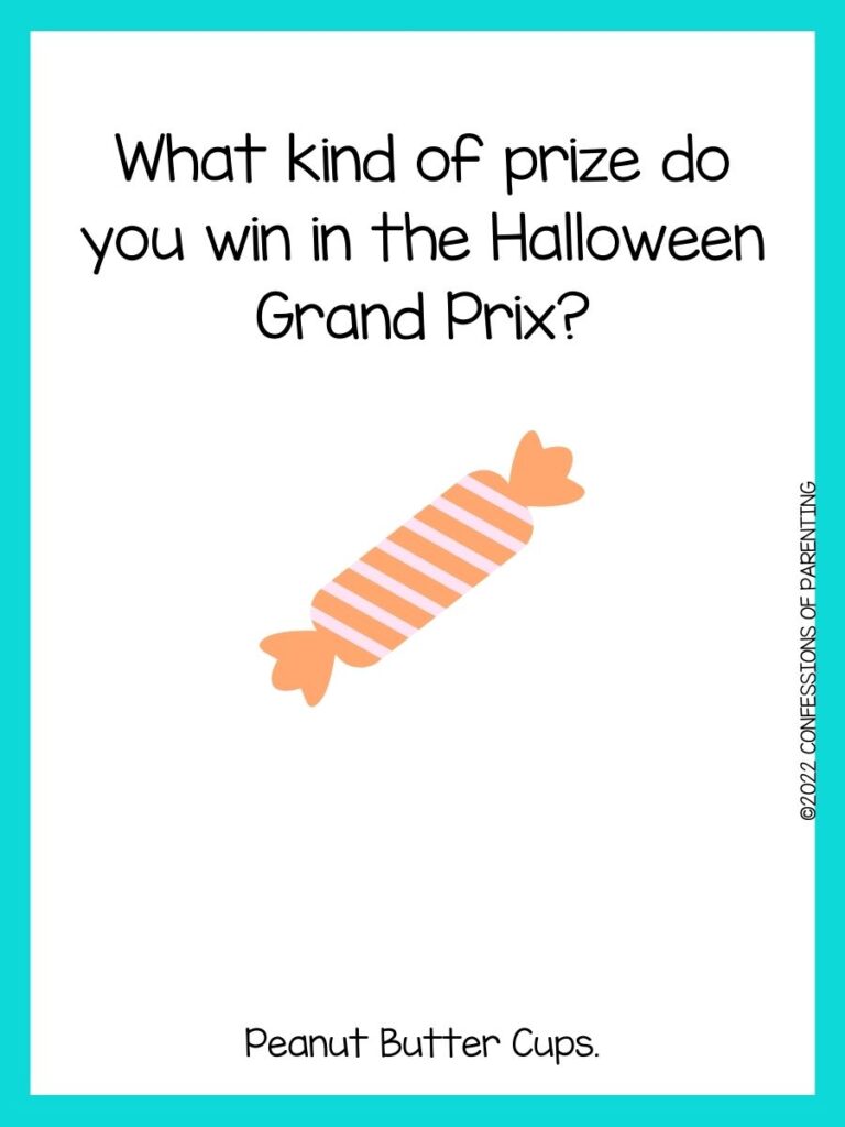 Orange striped candy with turquoise border and candy joke
