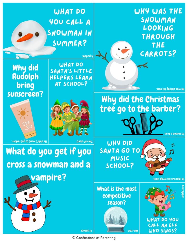 Top 10 Christmas jokes graphic featuring snowmen, Santa, elves, and holiday-themed riddles on a blue background