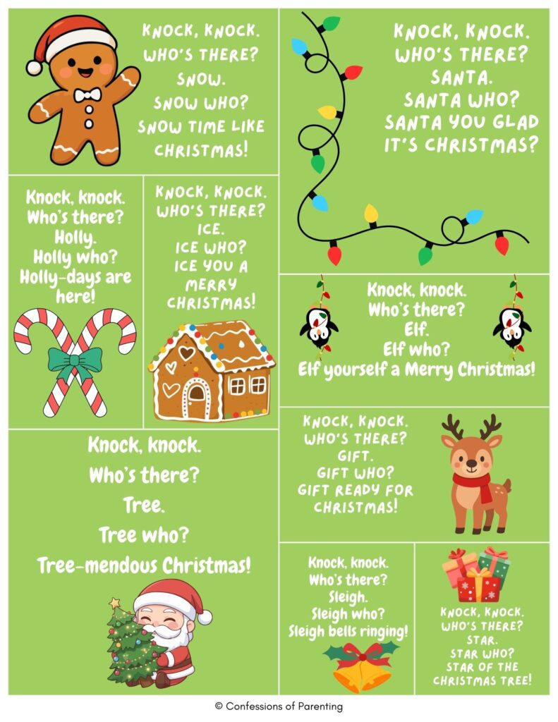Green collage of Christmas knock knock jokes with festive illustrations like Santa, a gingerbread man, candy canes, lights, and a reindeer.