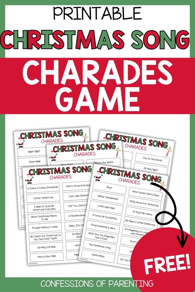 Printable Christmas song charades game with festive red and green design and multiple holiday song sheets labeled free printable.