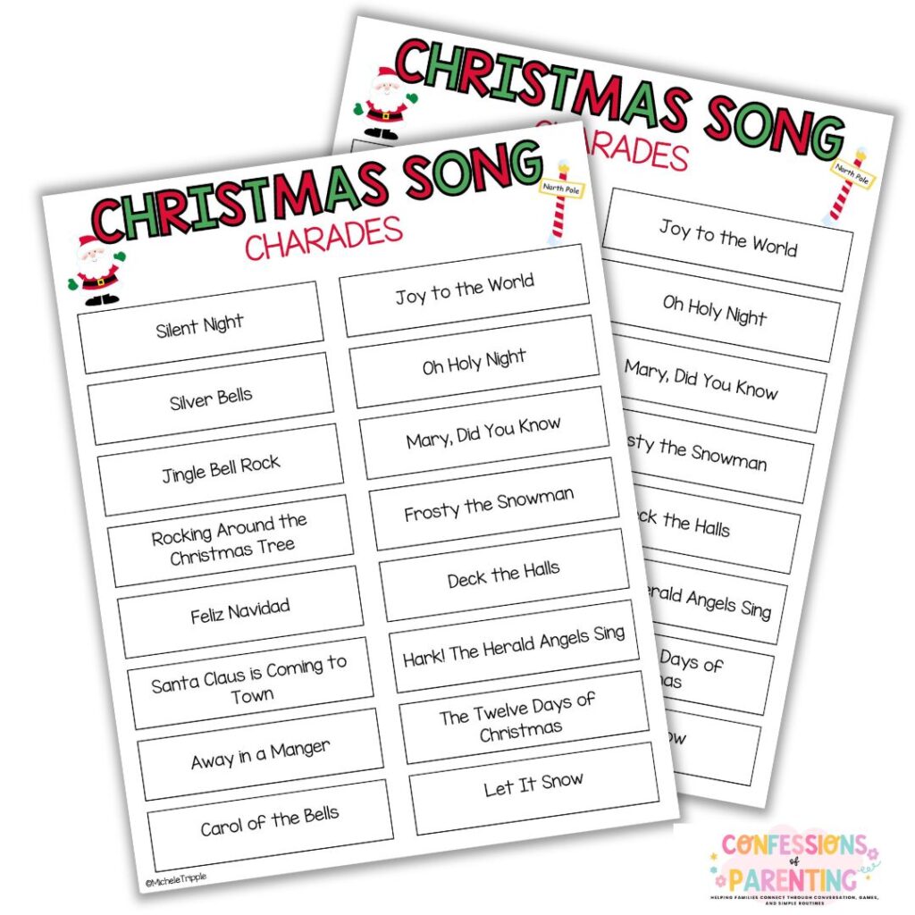 Close-up of printable Christmas song charades cards featuring classic holiday songs for family party games and celebrations.