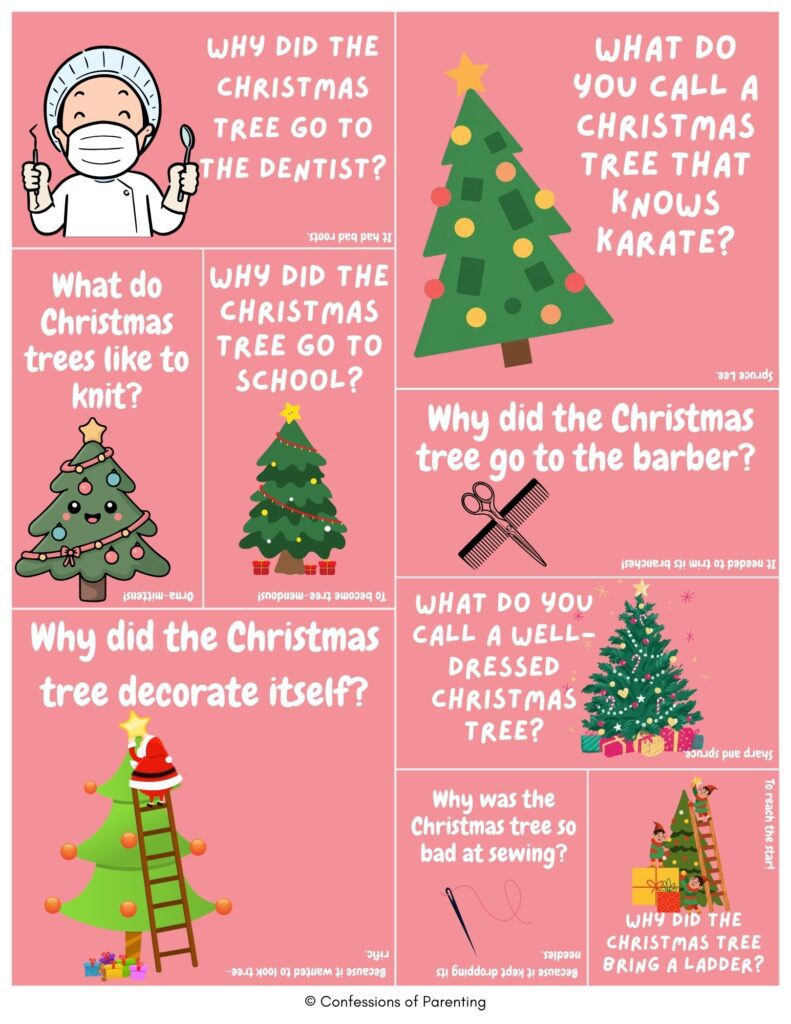 Pink collage of cartoon Christmas trees with Christmas tree jokes about school, dentists, decorating, and sewing, each panel showing a festive tree illustration and pun.