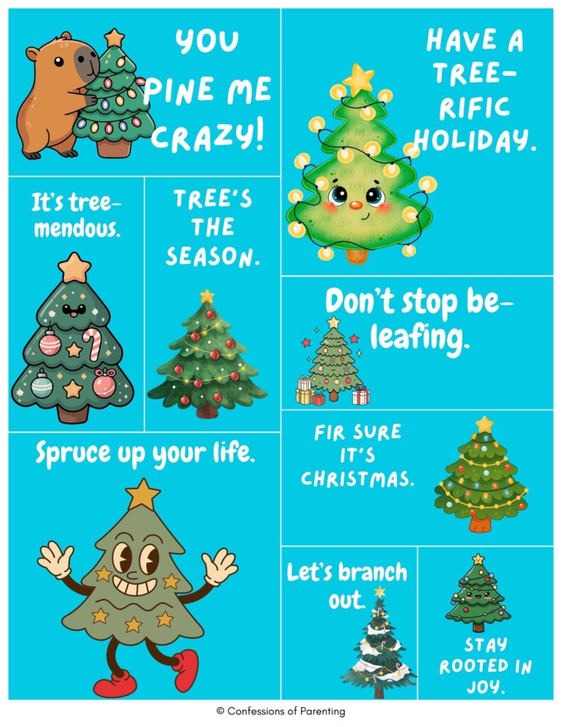 Top 10 Christmas tree puns printable on a teal background with cute cartoon trees and festive phrases like “You pine me crazy” and “Stay rooted in joy.”