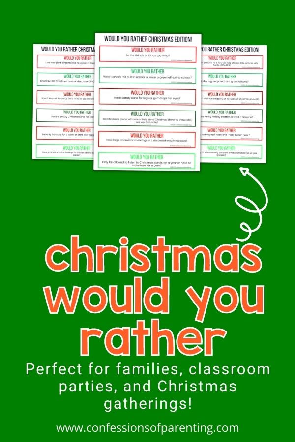 Three examples of the would you rather game on a bright green background with the texting stating it is perfect for families, classroom parties, and Christmas gatherings!