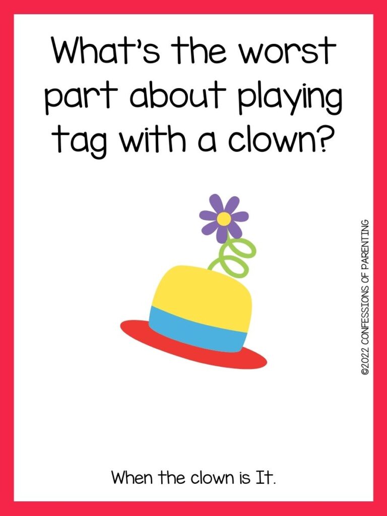Clown hat with purple flower on top with red border and clown joke
