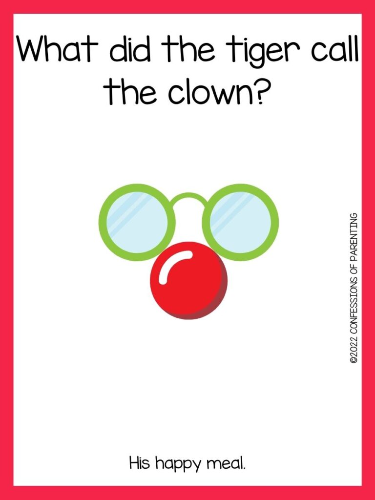 Green round glasses and red clown nose with red border and clown joke