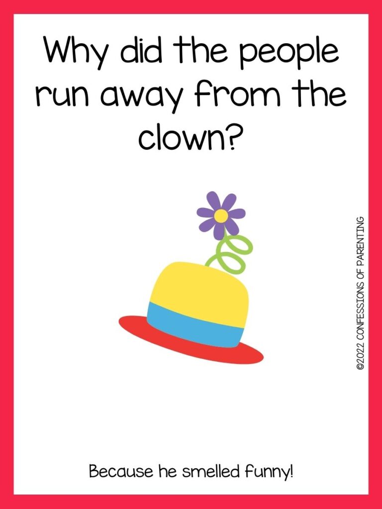 Clown hat with purple flower on top with red border and clown joke