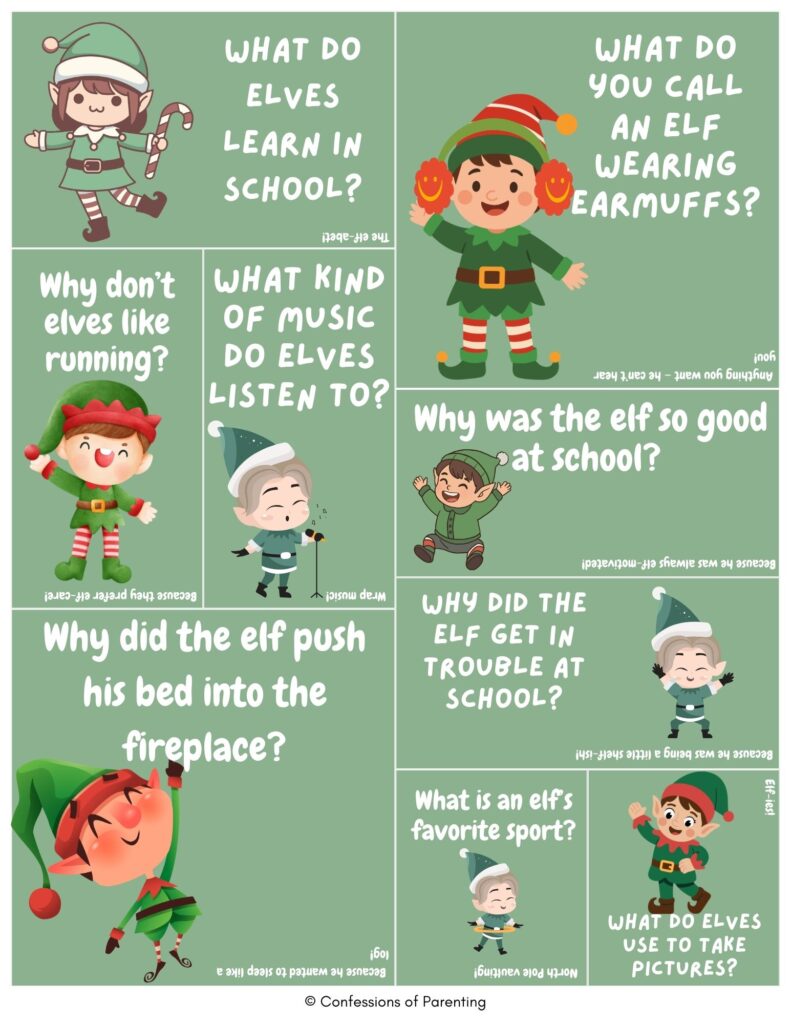 Green collage of cute cartoon elves with Christmas elf jokes about school, music, sports, and pictures, each panel showing a playful elf and a holiday-themed joke.
