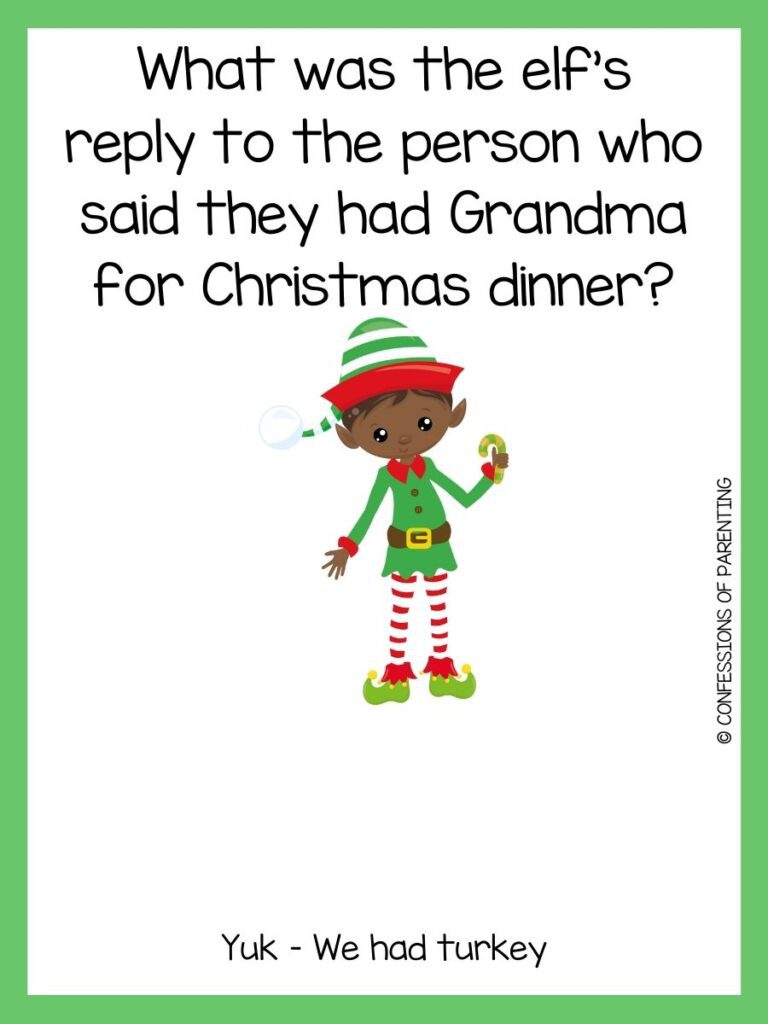 A boy elf is wearing a green shirt and holding a yellow and green candy cane with a joke with a green border. 